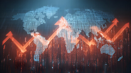 A digital world map with rising red arrows indicating growth and financial trends over continents