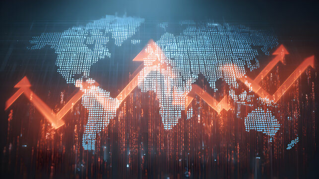 A digital world map with rising red arrows indicating growth and financial trends over continents