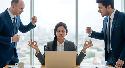 Businesswoman staying calm amid heated office argument