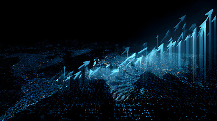 Abstract digital world map with upward pointing arrows on a dark blue and black background