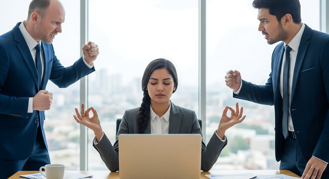 Businesswoman staying calm amid heated office argument