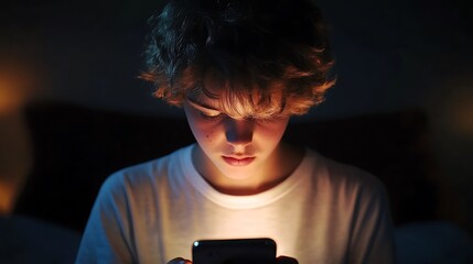 Teenager Addicted to Smartphone at Night - Face Illuminated by Screen in Dark Room