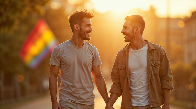 LGBTQ+ multiracial couple holding hands and smiling while walking