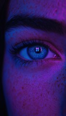 Vibrant human eye, illuminated with striking blue and purple lighting, capturing a digital reflection in the pupil, emphasizing connection.