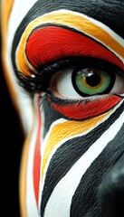 Striking eye with intricate face paint. Vivid colors and bold patterns create a captivating and artistic visual statement. Mesmerizing detail.