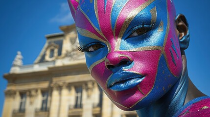 Stunning model with bold face paint, showcasing vibrant colors and artistic design against a blurred architectural backdrop.