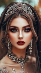 Glamorous portrait of a beautiful woman adorned with jewels, showcasing elegance and sophistication for a high-fashion aesthetic.