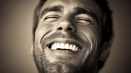 Man's Intense, Joyful Expression: A close-up in sepia tone captures a man in a moment of unrestrained happiness, eyes closed, wide smile.