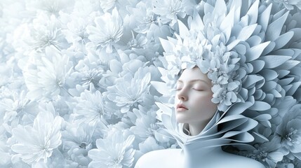 Dreamlike portrait of a woman adorned with floral headwear, immersed in a sea of flowers, creating a serene and ethereal atmosphere.