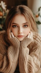 Portrait of a woman with fair skin, light brown hair and hazel eyes wearing a beige ribbed sweater. Soft natural lighting.