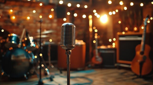 selective focus microphone and blur musical equipment guitar ,bass, drum piano background.