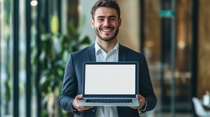 Young handsome businessman Holding a laptop Computer with Blank Screen