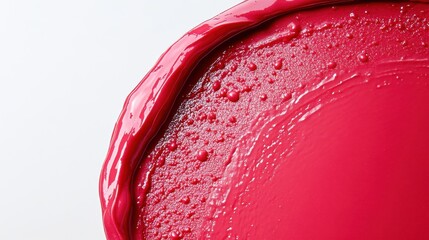Close-up of a vividly red, creamy substance with a glossy surface and unique texture, partially covering a white background.