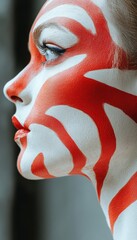 Striking profile of a person adorned with bold, red and white face paint, creating an intriguing visual display, highlighting natural features.