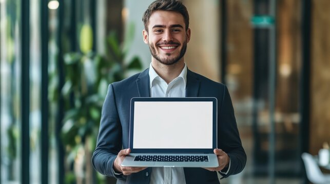 Young handsome businessman Holding a laptop Computer with Blank Screen - Powered by Adobe