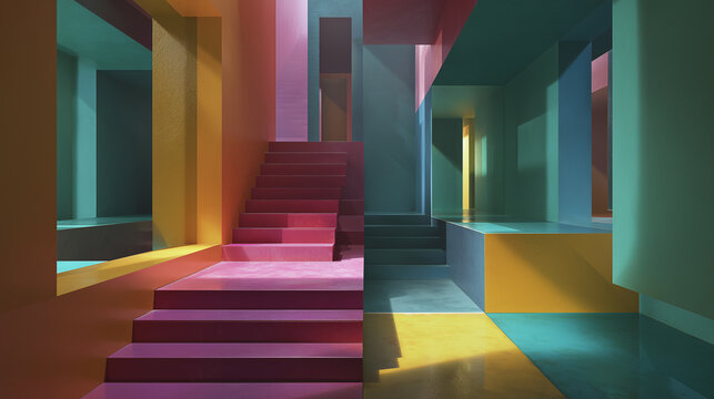 Geometric Colorful Staircase Interior - Powered by Adobe