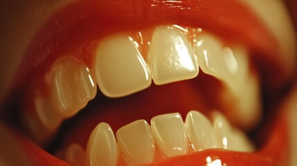 Bright white teeth gleam between glossy red lips. A close up shot captures a beautiful smile, highlighting oral hygiene and cosmetic appeal.