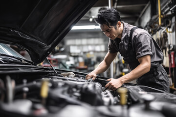A car mechanic technician repairs a car in an auto repair shop, tools in hand and focused on the work. The concept of expertise, maintenance, and the essential role of mechanics in vehicle care.
