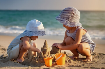 Kinder bauen am Strand eine Burg aus Sand