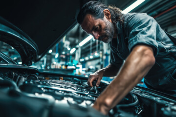 A car mechanic technician repairs a car in an auto repair shop, tools in hand and focused on the work. The concept of expertise, maintenance, and the essential role of mechanics in vehicle care.