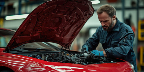 A car mechanic technician repairs a car in an auto repair shop, tools in hand and focused on the work. The concept of expertise, maintenance, and the essential role of mechanics in vehicle care.