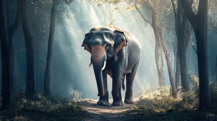 Fototapeta premium Majestic elephant in a sunlit forest path
