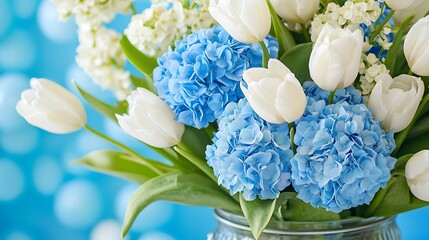 White tulips and light blue hydrangeas bouquet