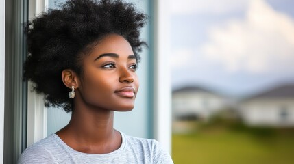 Elegant woman with natural hair looks dreamily out the window, contemplating the future, evoking serenity, and peaceful reflection.