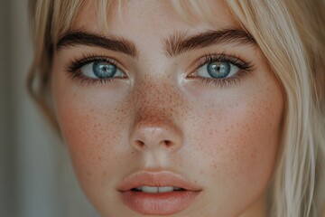 A close up shot of a fair skinned blonde woman with intense blue eyes and freckles. Her fair eyelashes are well groomed, and she wears little makeup.