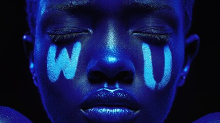 Blue-toned face art with closed eyes, featuring painted characters. A bold and impactful artistic statement through vibrant color and form.