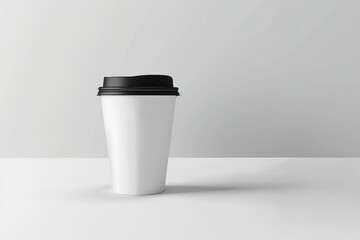 High Resolution of White Coffee Cup Mockup with Black Lid Isolated on White Background