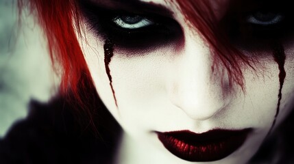 Close-up of a woman with dramatic dark makeup resembling tears, red hair, and a pale complexion, creating a gothic or theatrical aesthetic.