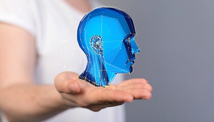 A 3D wireframe AI head-shaped object floats above your hand
