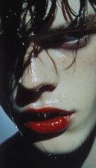 Close-up portrait of a face with glossy red lips, wet hair, and water droplets on the skin, emphasizing beauty and texture.