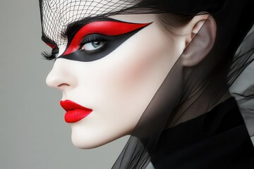Woman with striking red and black makeup, wearing a black netted veil, showcasing a dramatic, theatrical beauty look.