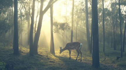 Misty forest scene, deer grazing. Sunlight streams through trees