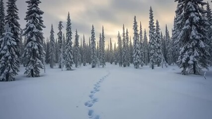 Snowy forest path at dawn