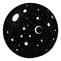 Abstract black circle filled with white dots and celestial bodies