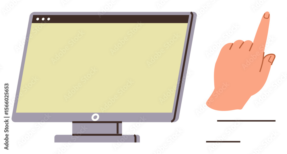 Poster computer monitor with blank screen and hand gesture pointing at it. ideal for technology, digital in