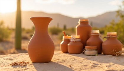 Rustic pottery collection displayed in desert landscape during golden hour near mountains and cacti