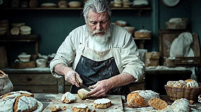 A baker with gray hair and beard, covered in flour, cuts bread in a rustic kitchen. Slices of bread and loaves are scattered across the wooden table with wooden shelves with pottery in the