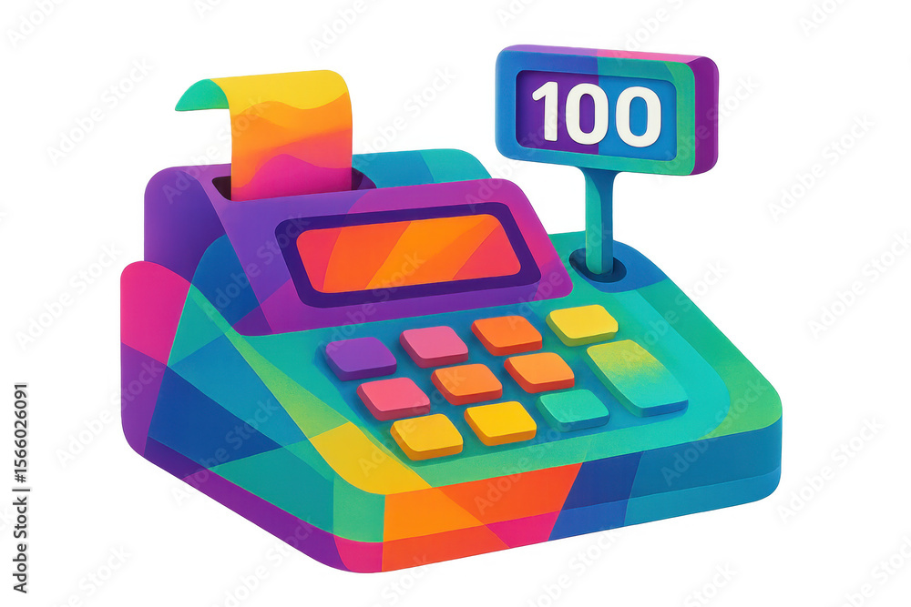 Fototapete colorful cash register printing receipt, displaying number 100, rendered in crisp 3d graphics agains