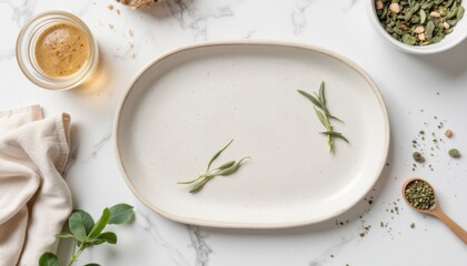Minimalist kitchen layout featuring herbs and healthy ingredients for a fresh meal preparation