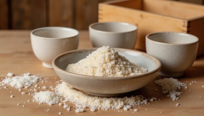 Culinary practice involving bowls of salt and fine grains on a wooden surface during late afternoon