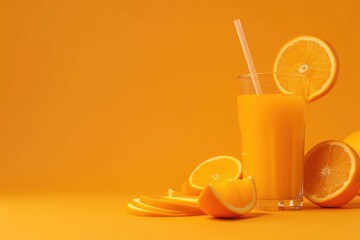 Premium Quality Visual of a Glass of Orange Juice with a Straw and Sliced Oranges