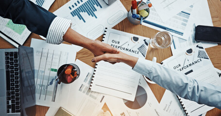 Agreement, people and handshake with client, paperwork and gesture for deal in boardroom or...