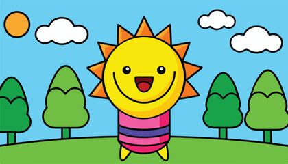 Funny cartoon sun with a cute smile and happy flowers, surrounded by cheerful birds, is a fun summer nature vector illustration
