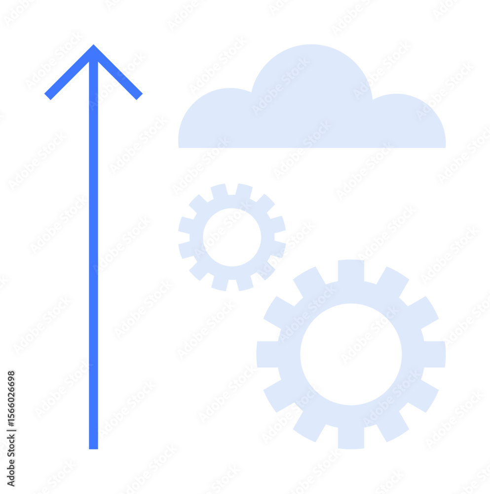 Poster blue upward arrow pointing to a cloud with two gears, symbolizing data transfer, cloud computing, an