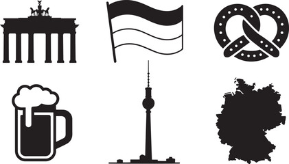 German icons Brandenburg Gate beer mug TV tower pretzel flag map vector Berlin Oktoberfest symbols © MC Creative