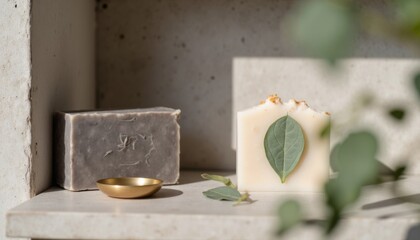 Handcrafted soap displayed on a minimalistic shelf with natural elements highlighting artisanal craftsmanship near a window